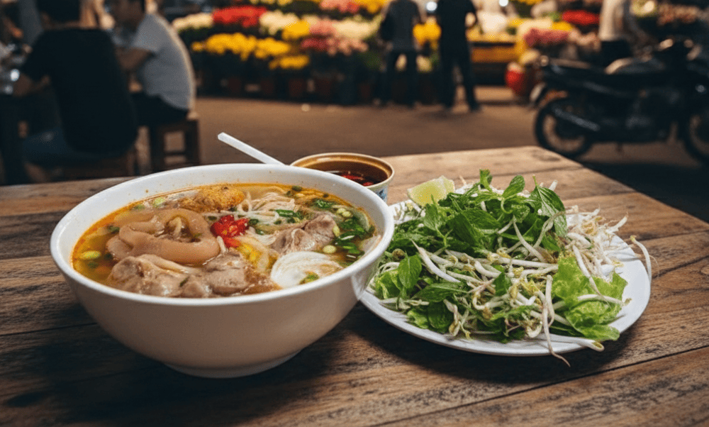 Aromatic lemongrass broth with beef and thick noodles